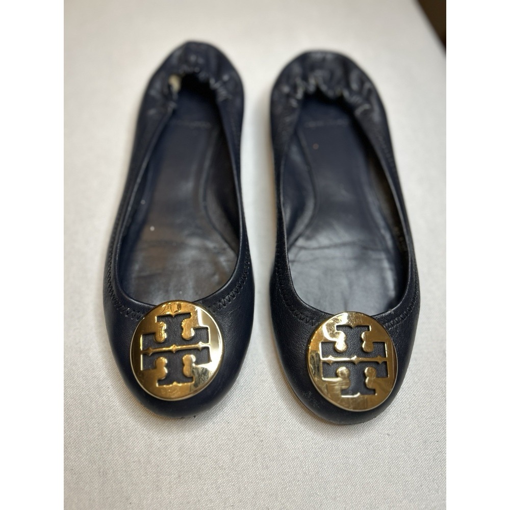 TORY BURCH Women's 7.5M Navy‎ Blue Leather Gold Logo Ballet  Loafers Shoes